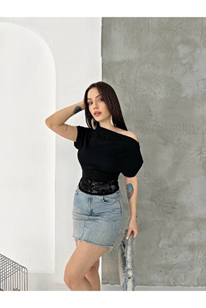 CARLA MARA Black One-Shoulder Draped Lace Detailed Women's Blouse