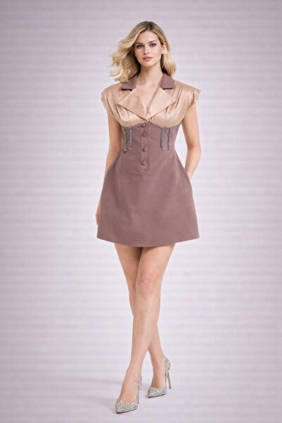 ALYEL NAKER Stone Embellished Corsage Detailed & Padded Mini Mink Crepe Dress