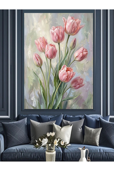 karizmart Vazo İçinde Pembe Lale Buketi Dekoratif Kanvas - Mdf Ahşap Tablo