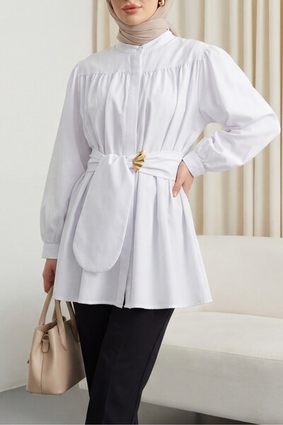 Modamorfo Hidden buttoned belted poplin tunic - white