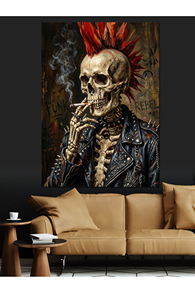 Artmeg Figurină cu schelet în stil punk cu jachetă - Pânză decorativă - Tablo...