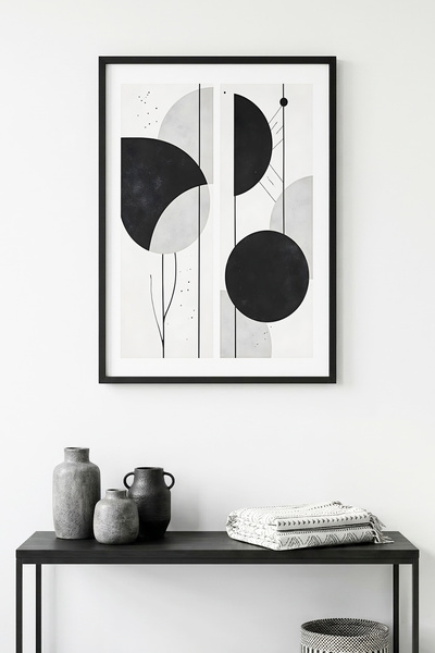 huhuli Tablou cu model geometric alb-negru, cu ramă din lemn natural - Minima...