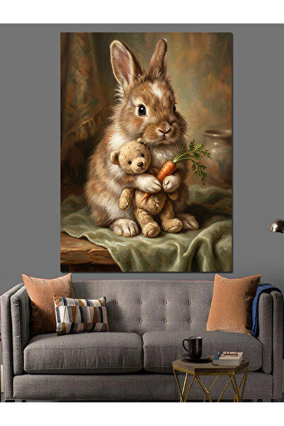 Artmeg Little Rabbit Hugging a Teddy Bear Decorative Canvas - Mdf Wooden Tabl...