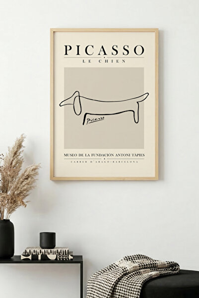 huhuli Minimalist Dog Pattern Painting with Natural Wooden Frame - Black-Whit...