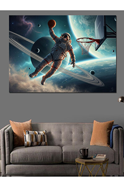 Artmeg Uzayda Basketbol Oynayan Astronot Görseli Dekoratif Kanvas - Mdf Ahşap...