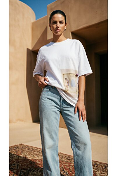 Amia&Co. White Oversize Crew Neck Women's T-Shirt with Artistic Collage Print...