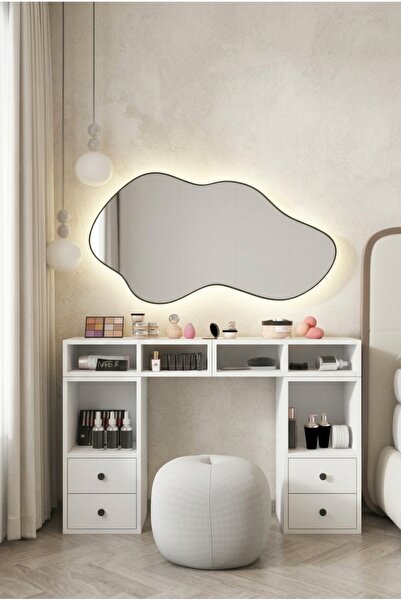 FOR WOMAN DESİGN Ahşap Makyaj Masası 4 Çekmeceli Raflı Modern Fonksiyonel Kul...
