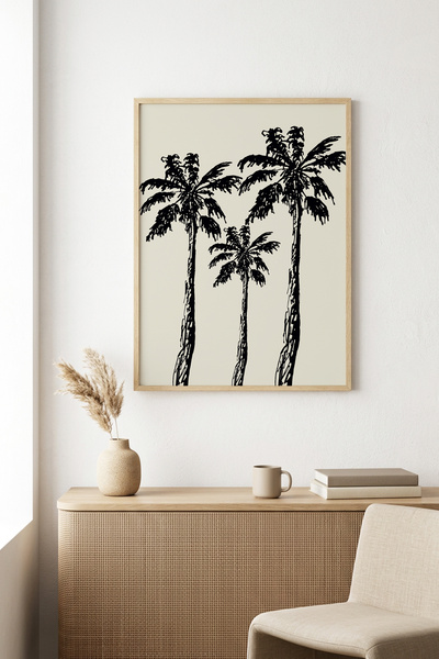 huhuli Tablou cu model de palmieri, cu ramă din lemn natural - alb-negru |   ...