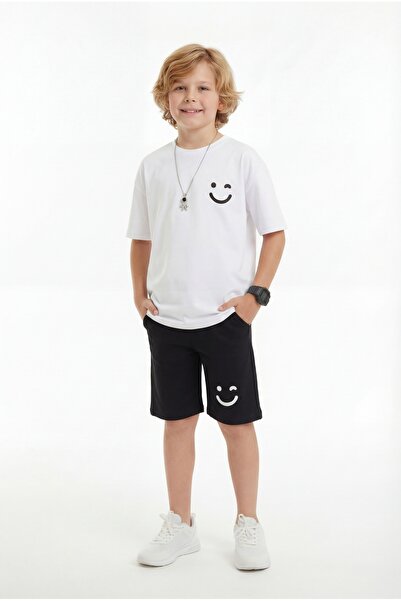 FYK COLLECTİON Small Emoji Print Detailed Capri Round Neck Summer Boys' Top a...