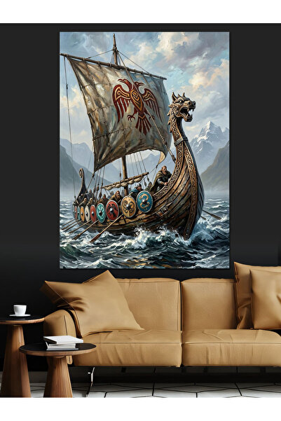 Artmeg Pânză decorativă cu navă vikingă cu cap de dragon pe mare ondulată - T...