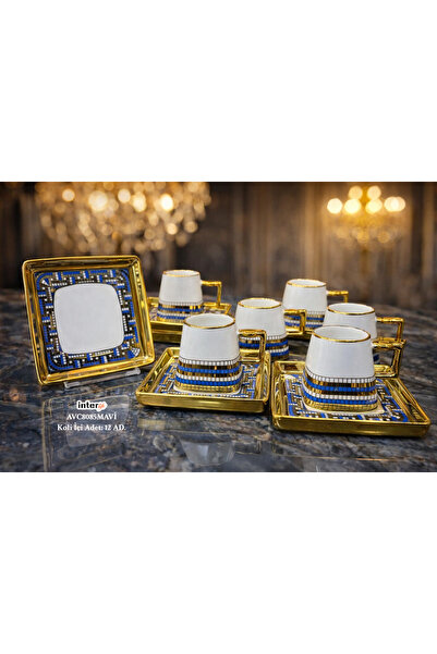 İnterlife Lüks Gold Detaylı 6 Kişilik Türk Kahvesi Fincan Takımı Porselen Kar...