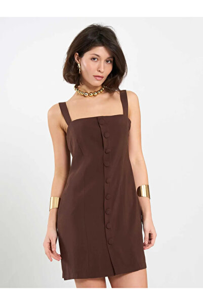 BIGNUANCE Brown Square Neck Button Detail Strap Mini Dress Casual Comfortable...