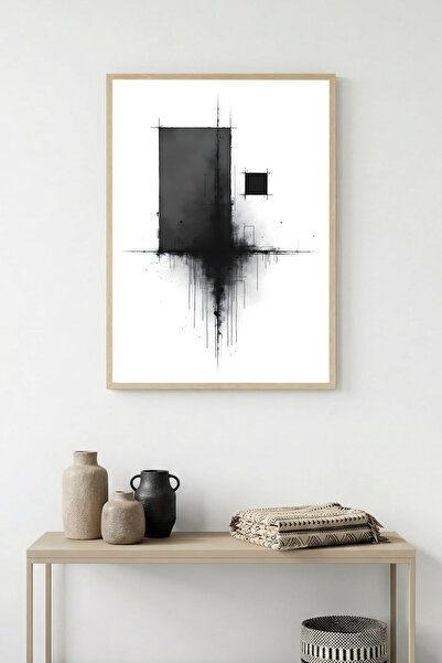huhuli Tablou abstract cu model alb-negru, înrămat în lemn natural - Minimal ...