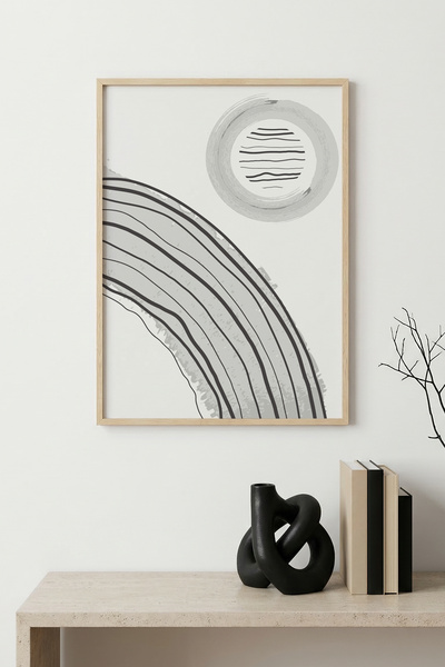 huhuli Tablou abstract cu dungi, înrămat în lemn natural - Nuanțe de gri |   ...