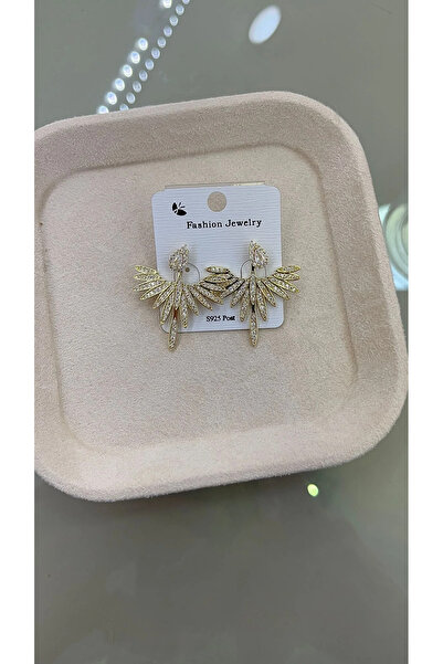 Çelik Anka kuş detaylı taşlı gold küpe şık tasarım,