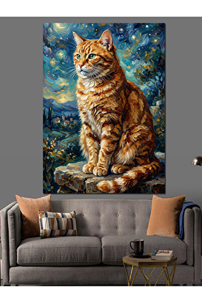 Artmeg Pânză decorativă cu pisică galbenă sub cerul înstelat - Tablou din lem...