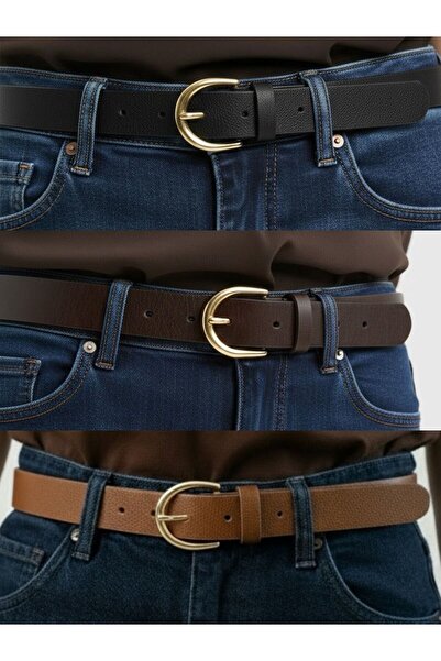 Kemerix Women's Classic Gold Buckle 3-Piece Set Jean Belt Black-Tan-Brown