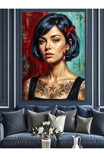 Artmeg Femeie cu păr albastru și tatuaje, tablou decorativ din pânză - masă d...