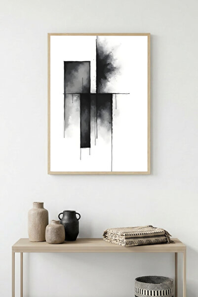 huhuli Tablou cu model geometric abstract, cu ramă din lemn natural - Alb-neg...