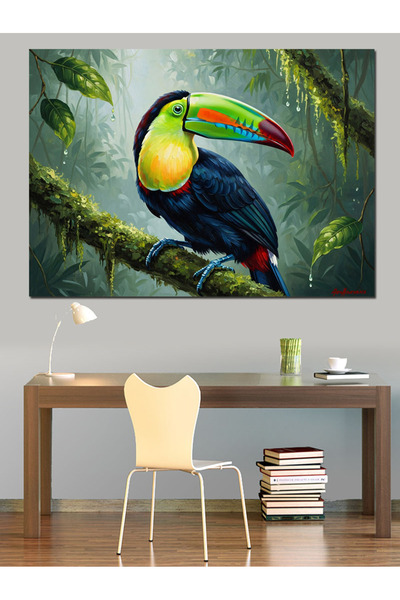 Artmeg Pânză decorativă cu papagal tropical colorat stând pe o ramură - Tablo...