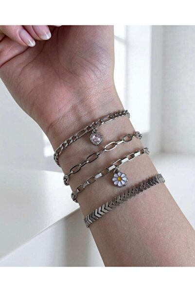 bijoux uniques مجموعة أساور مطلية باللون الفضي من تشارمل مكونة من 4 قطع