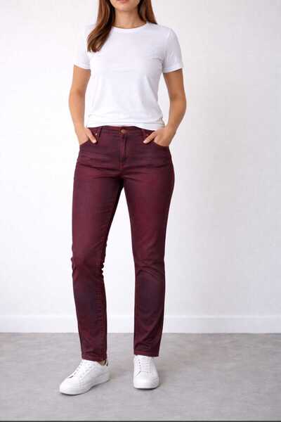 Kutaf Бордові жіночі джинси з високою талією, вузького крою, з вощеним покрит...
