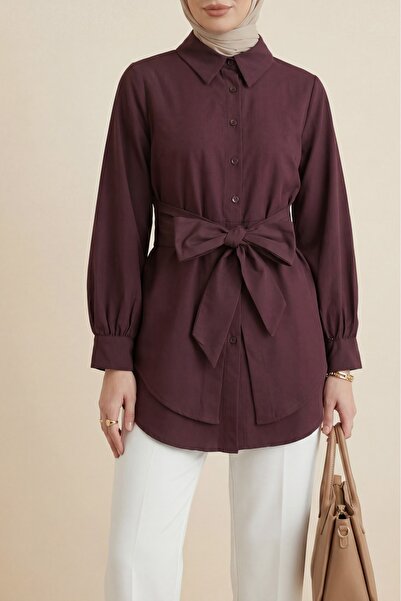 Modamorfo Self-Tied Belted Poplin Tunic - Plum