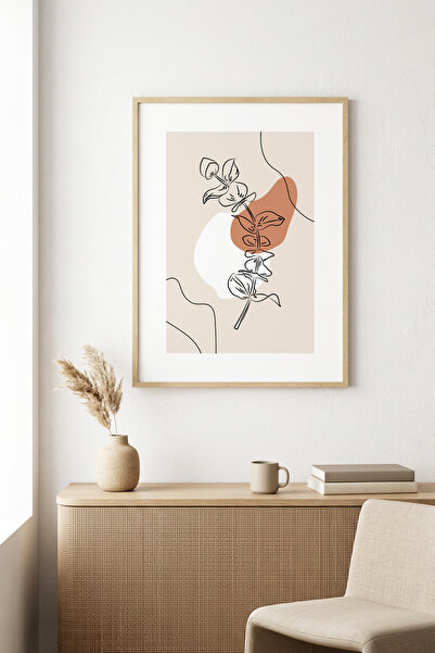 huhuli Tablou cu model floral minimalist, cu ramă din lemn natural - Tonuri p...