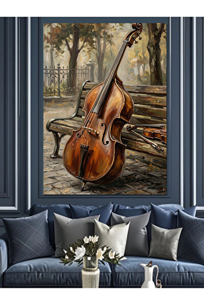 Artmeg Pânză decorativă cu violoncel vechi stând pe o bancă de parc - Masă di...