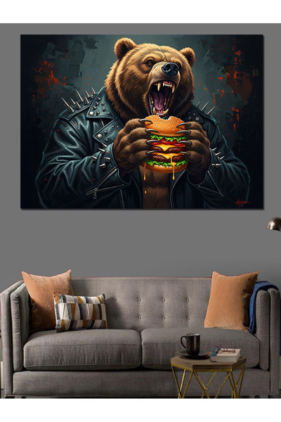 Artmeg Bear Eating Hamburger with Leather Jacket Decorative Canvas - Mdf Wood...