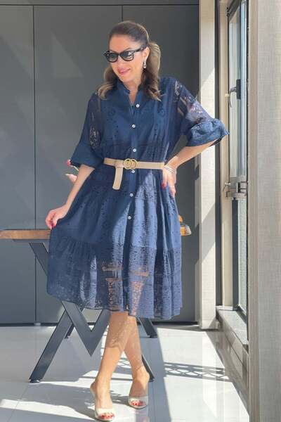 MİSLİNA BUTİK İthal Dantelli Lacivert Elbise