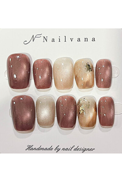 Nailvana Χειροποίητα Λαμπερά Ροζ και Χρυσά Αυτοκόλλητα Νύχια (Μεσαία)