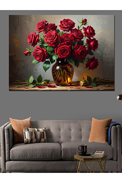 Artmeg Buchet de trandafiri roșii în vază de sticlă - Pânză decorativă - Masă...