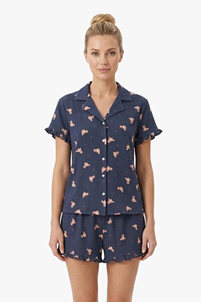 Cottonhill طقم بيجامة نسائي بياقة قميص مزخرفة بنقشة دببة باللون الأزرق الداكن...