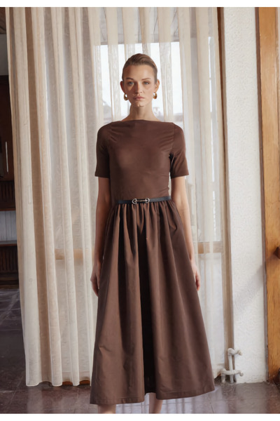 SevdeUgur Rochie de damă cu mânecă scurtă, cu curea, lungime maxi, maro