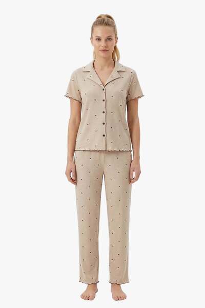 Cottonhill Set de pijamale pentru femei, cu guler tip cămașă, cu model inimă ...