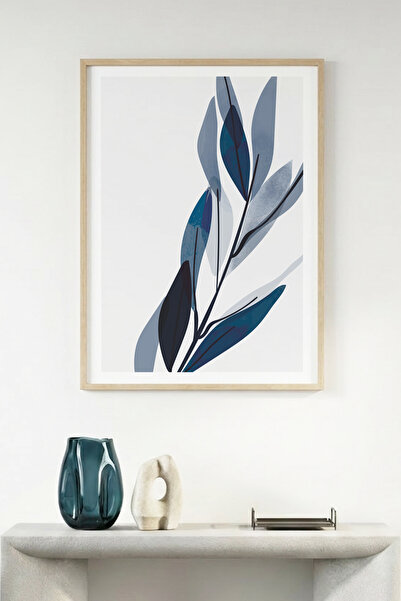 huhuli Τραπέζι με μίνιμαλ σχέδιο φύλλων σε φυσικό ξύλινο πλαίσιο - Μπλε αποχρ...