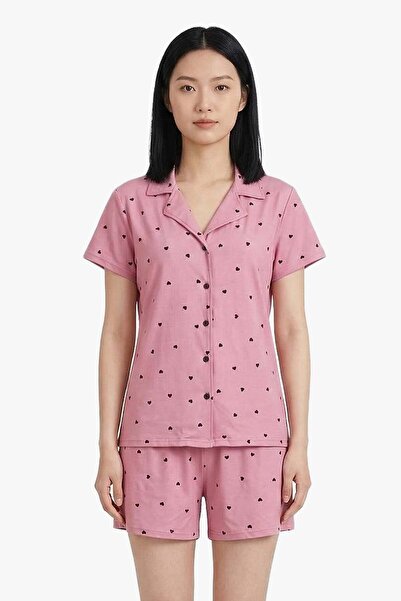 Cottonhill Σετ πιτζάμες με ροζ σχέδιο καρδιάς, μαλακή υφή, γιακά πουκάμισου κ...