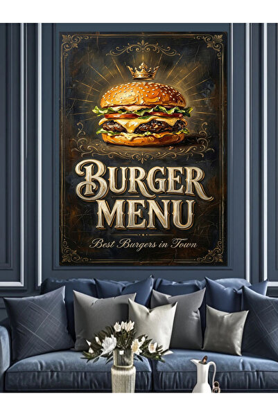 Artmeg Burger Menu Retro Advertising Board Decorative Canvas - Mdf Wood Table