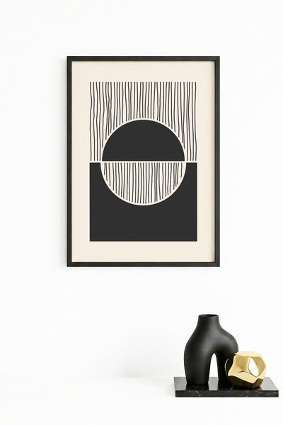 huhuli Tablou cu model geometric minimalist, cu ramă din lemn natural - Alb-N...