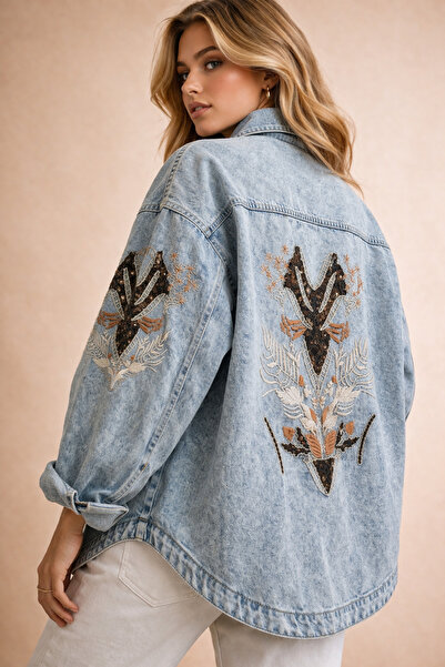 BYSTİLMAN Kadın Nakışlı OVERSİZE Denim Ceket