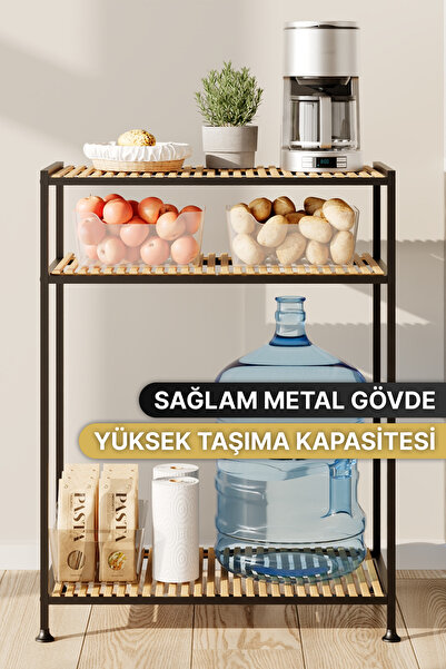 Bino Çok Amaçlı Metal ve Ahşap Dolap Banyo Rafı Mutfak Standı Kahve Köşesi Mutfak Rafı Organizer
