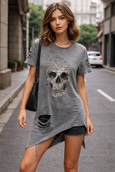 ERLINE Kadın Parça Boyalı Taş Baskılı Cut-Out T-Shirt