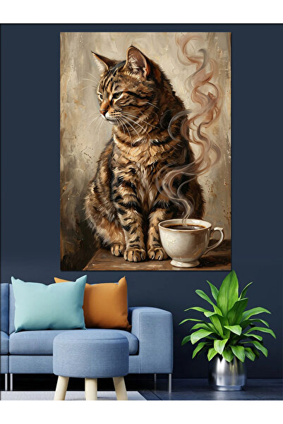 Artmeg Cat Sitting Next to a Coffee Cup Decorative Canvas - Mdf Wood Painting