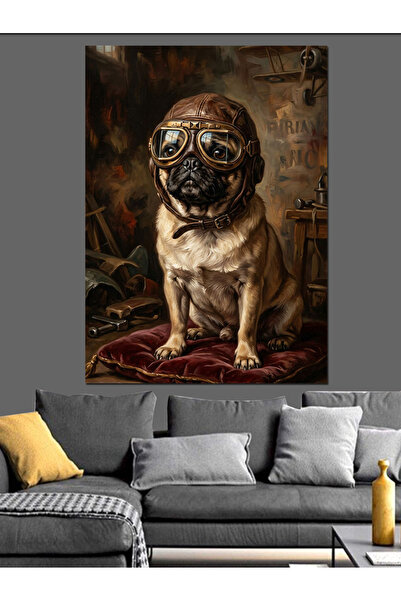 Artmeg Pug decorativ cu ochelari de pilot și cască - Tablou din lemn MDF