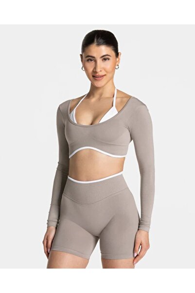 TEVEO Grej Kontrast Şeritli Dikişsiz Uzun Kollu Crop Top