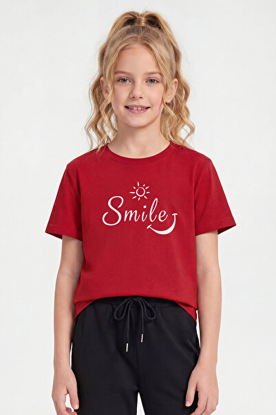 panios kids Round Neck Print Detailed Short Sleeve Red Girls' T-Shirt