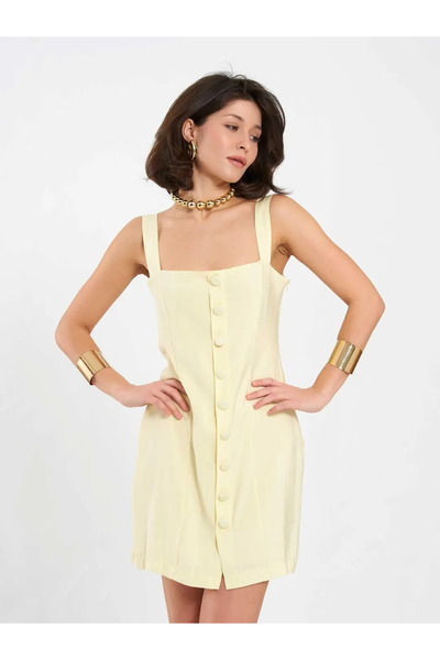 BIGNUANCE Soft Yellow Square Neck Button Detail Strap Mini Dress Casual Comfo...