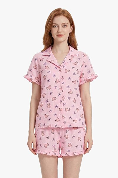 Cottonhill طقم بيجامة نسائي منقوش بنمط دببة بودرا مع ياقة قميص وشورت