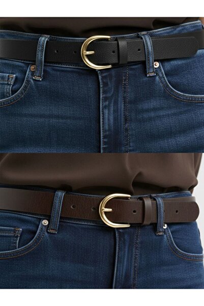 Kemerix Women's Classic Gold Buckle Set of 2 Jean Belts Black-Brown